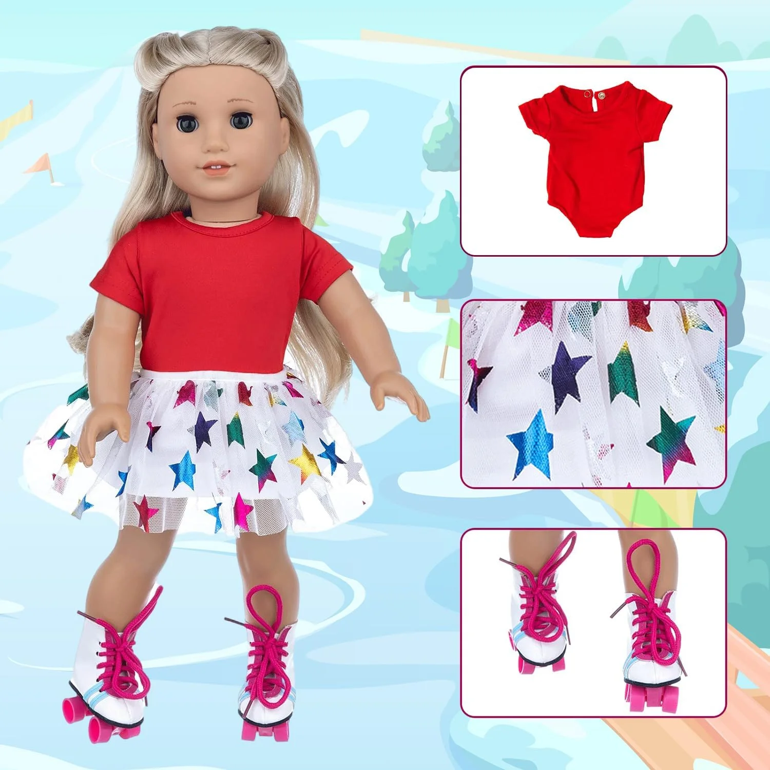 ست اسباب بازی اسکیت و سفر برای عروسک دخترانه 18 اینچی Masroo - 7 تکه لوازم جانبی فضای باز (عروسک شامل نمی شود)