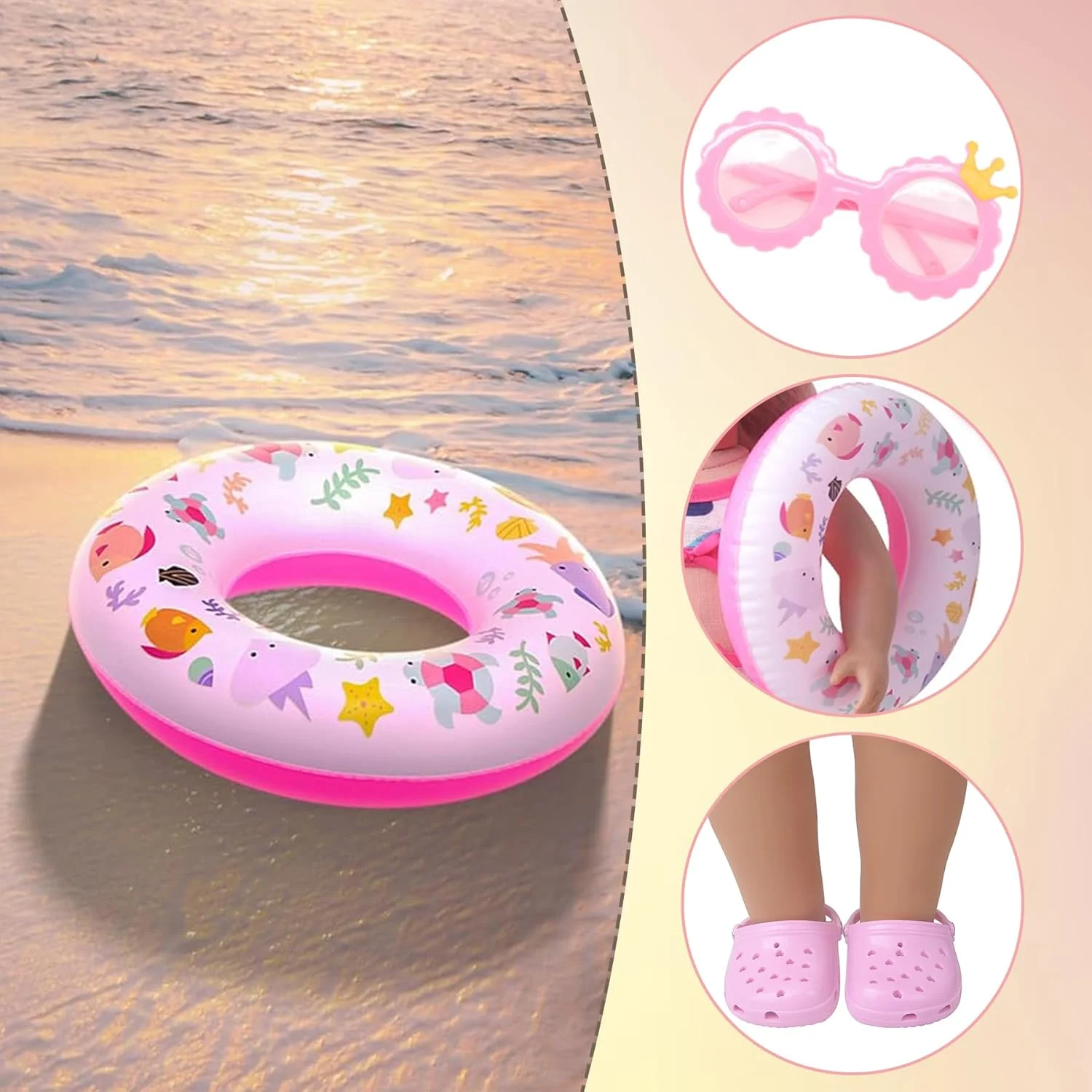ست شنا 4 تکه نوزاد، ست شنا برای عروسک ها، شامل حلقه شنا، عینک آفتابی، مایو و دمپایی، لوازم جانبی صورتی نوزاد برای عروسک های 43 سانتی متری