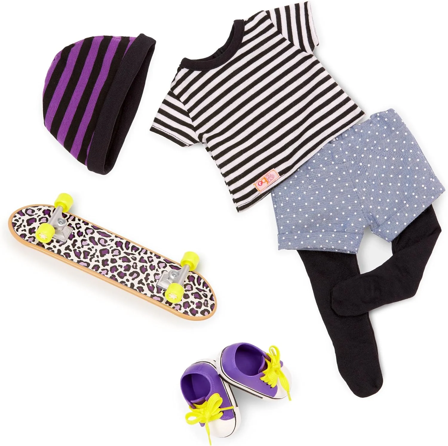 ست لباس اسکیت‌برد دخترانه Our Generation مدل That’s How I Roll – لباس اسکیت‌برد با اسکیت‌برد پلنگی برای عروسک‌های 18 اینچی – مجموعه 6 تکه لباس و لوازم جانبی اسکیت‌برد