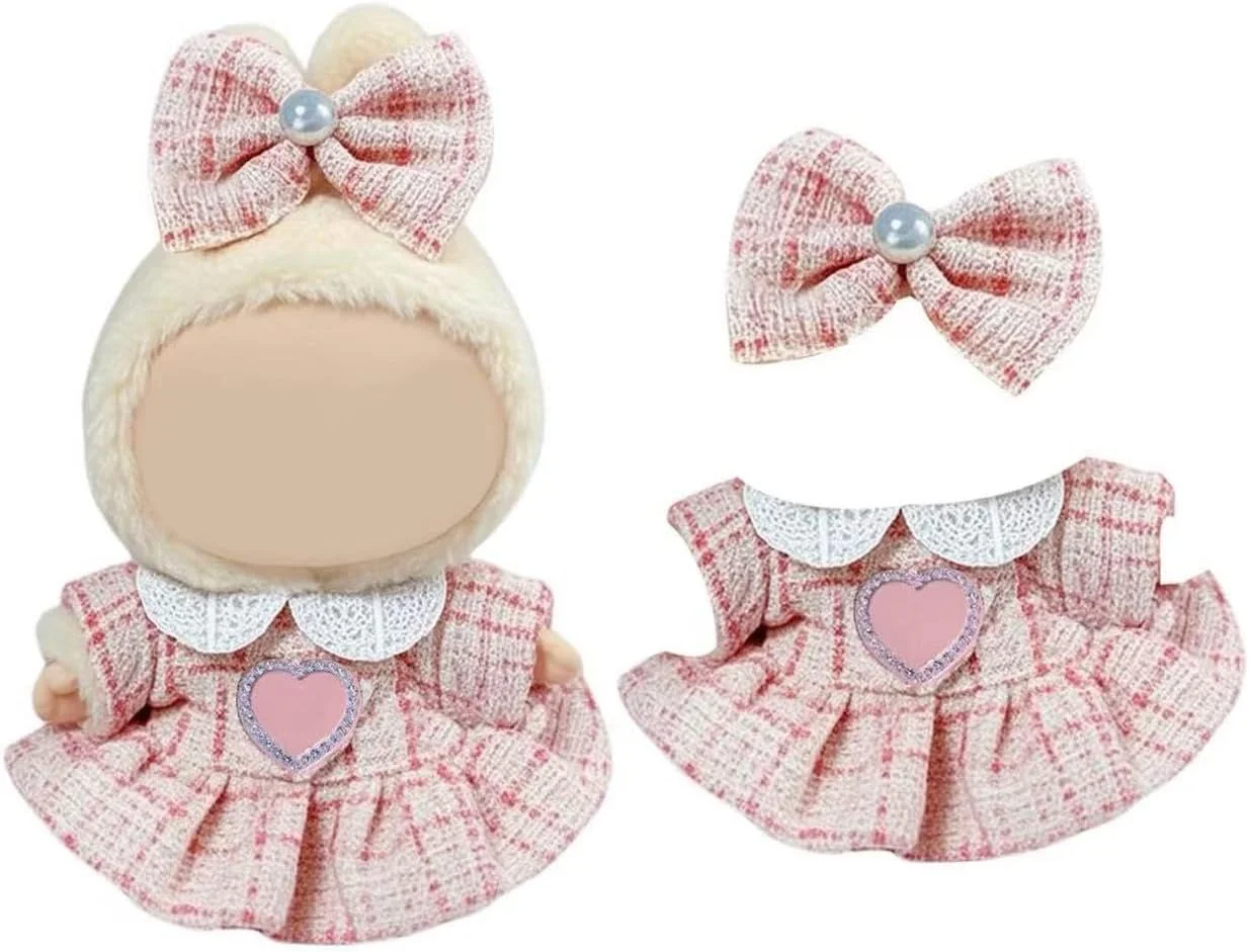لباس عروسک 17 سانتی متری BananaHome، ست شیک چهارخانه کلاسیک برای عروسک 17 سانتی متری، شامل پیراهن چهارخانه و تل سر پاپیونی - عروسک شامل نمی شود (صورتی)