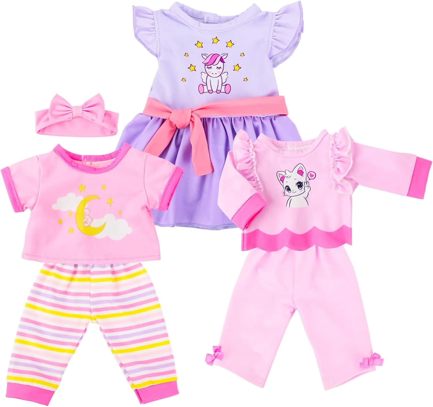 18INDC 3 ست لباس عروسک 14-18 اینچی، ست 6 تکه - شامل لباس عروسک، هدبند، تاپ و شلوار، لباس خواب برای عروسک های نوزاد 43 سانتی متری