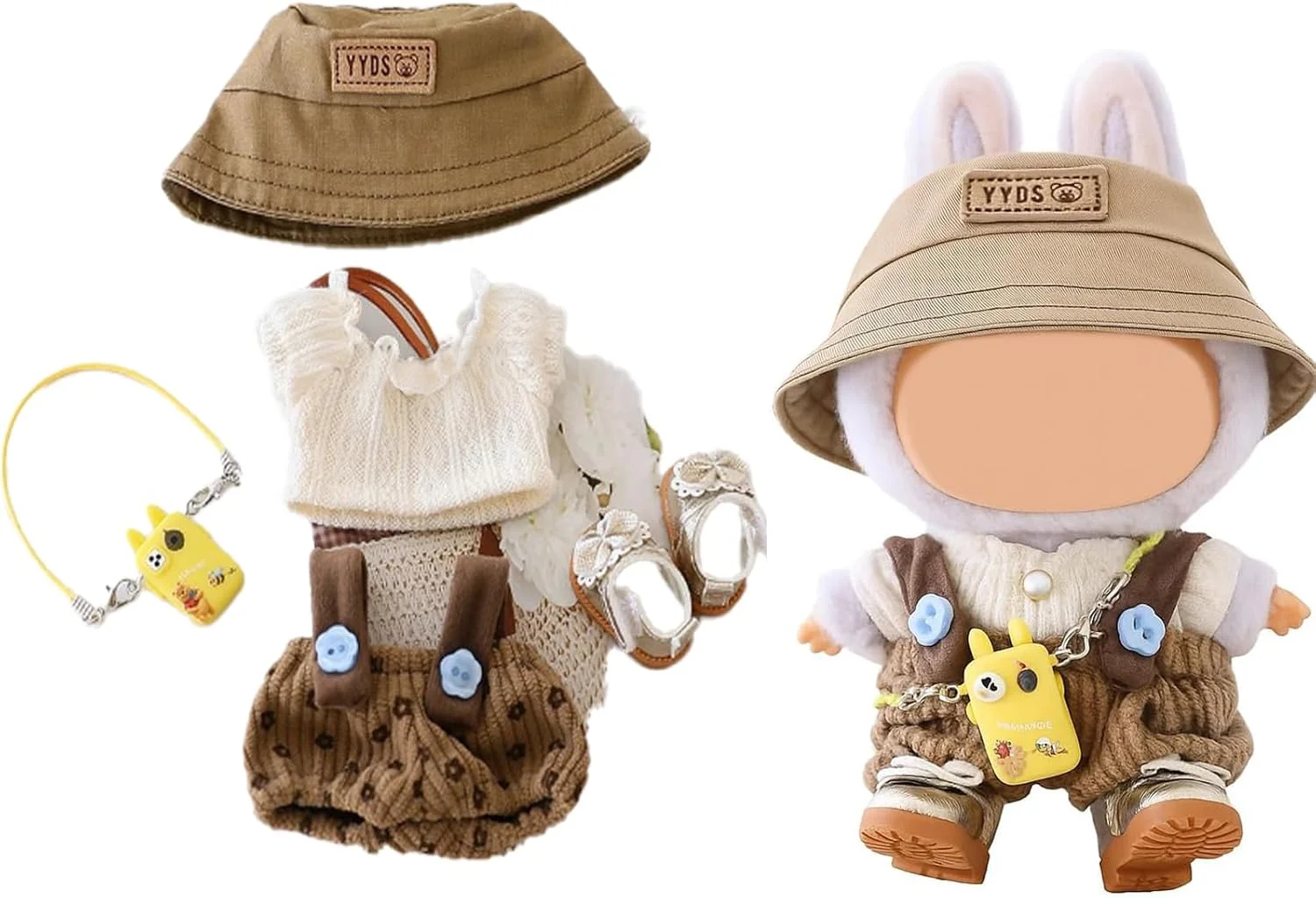 ست لباس 5 تکه KASTWAVE برای عروسک لابوبو، کلاه کتان قهوه ای خاکی، ست پیشبند مخملی کبریتی، مدل گوشی مینیاتوری و کفش، لوازم جانبی شیک عروسک (عروسک شامل نمی شود)