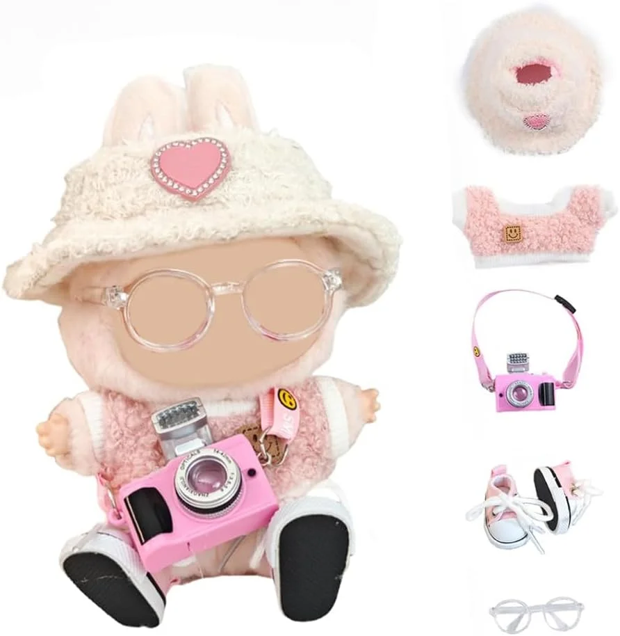 ست لباس 5 تکه برای عروسک لابوبو و آزون 17 سانتی‌متری، شامل کلاه مخملی صورتی روشن قلبی شکل، دوربین کوچک، عینک، کفش‌های کتانی (عروسک شامل نمی‌شود)
