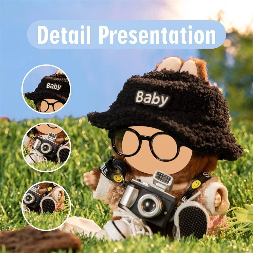 ست لباس 5 تکه برای عروسک لابوبو و آزون 17 سانتی‌متری، شامل کلاه مخملی صورتی روشن قلبی شکل، دوربین کوچک، عینک، کفش‌های کتانی (عروسک شامل نمی‌شود)