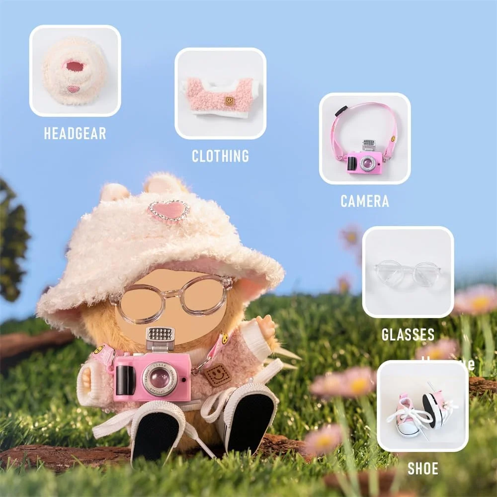 ست لباس 5 تکه برای عروسک لابوبو و آزون 17 سانتی‌متری، شامل کلاه مخملی صورتی روشن قلبی شکل، دوربین کوچک، عینک، کفش‌های کتانی (عروسک شامل نمی‌شود)