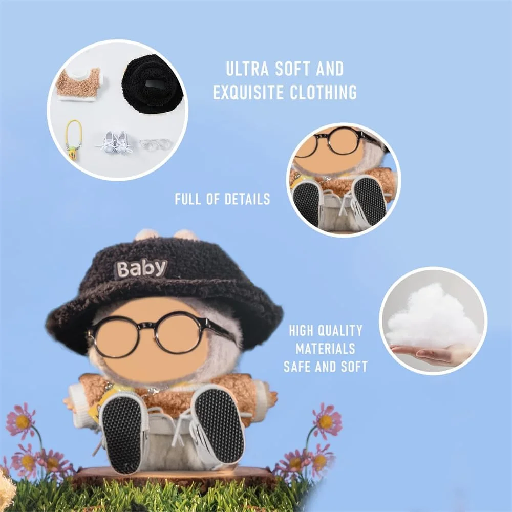 ست لباس 5 تکه برای عروسک لابوبو و آزون 17 سانتی‌متری، شامل کلاه مخملی صورتی روشن قلبی شکل، دوربین کوچک، عینک، کفش‌های کتانی (عروسک شامل نمی‌شود)