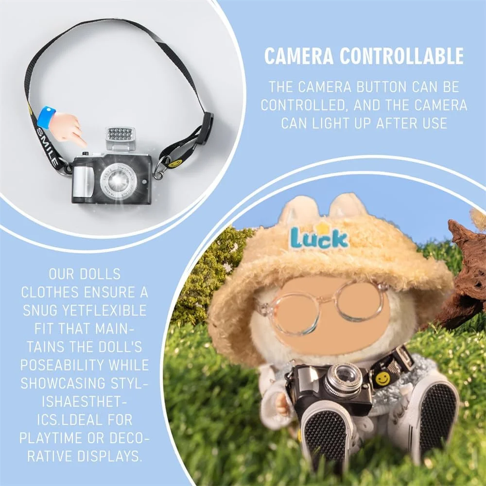 ست لباس 5 تکه برای عروسک لابوبو و آزون 17 سانتی‌متری، شامل کلاه مخملی صورتی روشن قلبی شکل، دوربین کوچک، عینک، کفش‌های کتانی (عروسک شامل نمی‌شود)