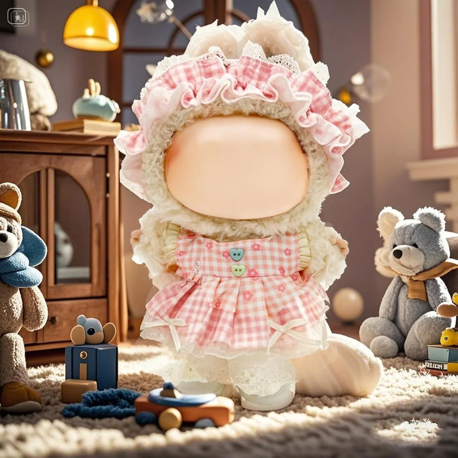 لباس چهارخانه صورتی برای عروسک لابوبو نسل 1/2/3 با هدبند صورتی، پیراهن صورتی و کفش سفید، لباس شیک چهارخانه صورتی برای عروسک های 17 سانتی متری لابوبو، هدیه ایده آل برای طرفداران لابوبو (عروسک شامل نمی شود)