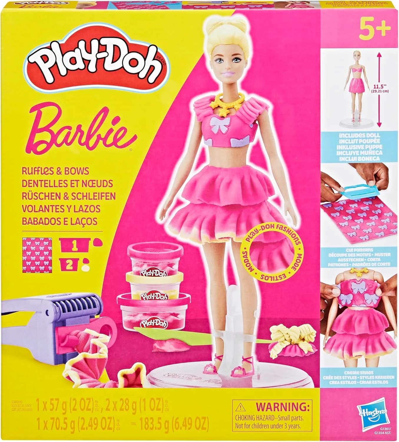 ست بازی خمیر بازی Play-Doh Barbie Ruffles and Bows، ساخت لباس عروسک با خمیر مدل سازی و 9 لوازم جانبی مد، هنر و صنایع دستی برای دختران و پسران 5+