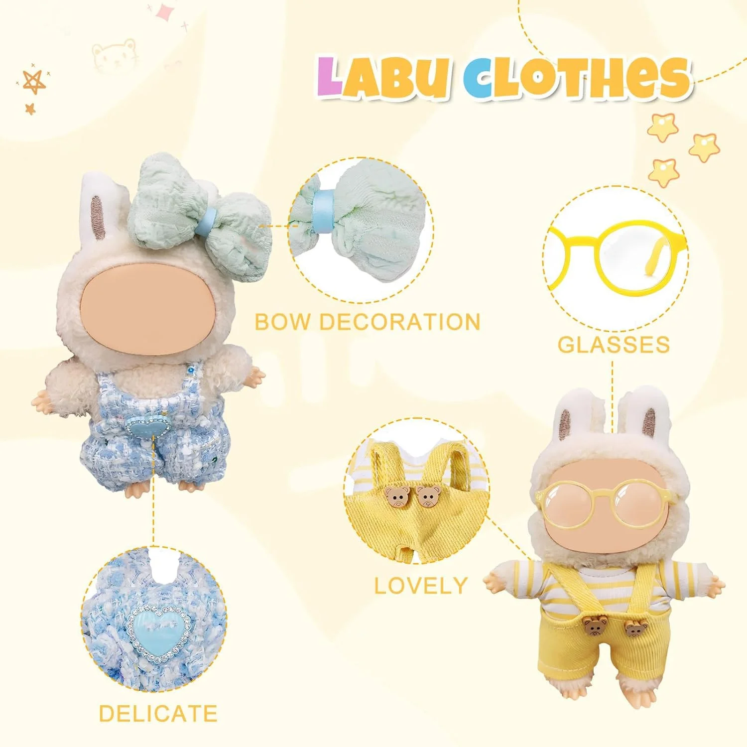 ست لباس ساحلی برای عروسک لابوبو، ست 5 تکه لوازم جانبی، تاپ داخلی سفید، ژاکت گلدار، شلوار گلدار، عینک آفتابی برای عروسک های 17 سانتی متری، هدیه لباس عروسک های زیبا برای کودکان