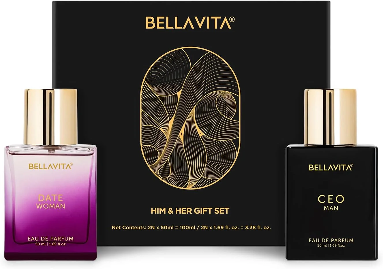 ست هدیه ادو پرفیوم مردانه و زنانه Bella Vita Luxury مدل Ceo Man & Date Woman حجم 50 میلی لیتر (2 عدد) با رایحه لیمو، اسطوخودوس، فلفل صورتی | رایحه گلی، میوه ای، چوبی با ماندگاری طولانی
