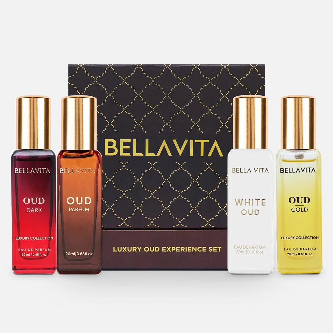 ست هدیه ادو پرفیوم عود Bella Vita Luxury OUD Experience، 4 عدد 20 میلی لیتری، برای آقایان و بانوان، عطر EDP ماندگار و ممتاز، رایحه عود