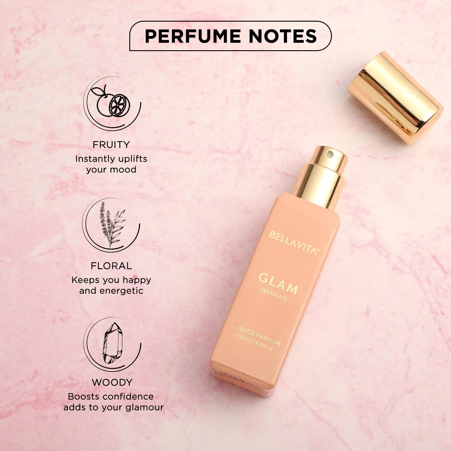 ادکلن زنانه ارگانیک Bella Vita Luxury GLAM با رایحه یاس، عسل سفید، رز، سدر ویرجینیا | گلی - عطر ممتاز و ماندگار EDP برای زنان | 20 میلی لیتر