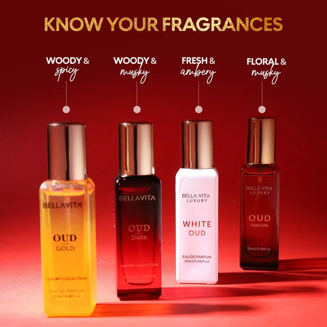ست هدیه ادو پرفیوم عود Bella Vita Luxury OUD Experience، 4 عدد 20 میلی لیتری، برای آقایان و بانوان، عطر EDP ماندگار و ممتاز، رایحه عود
