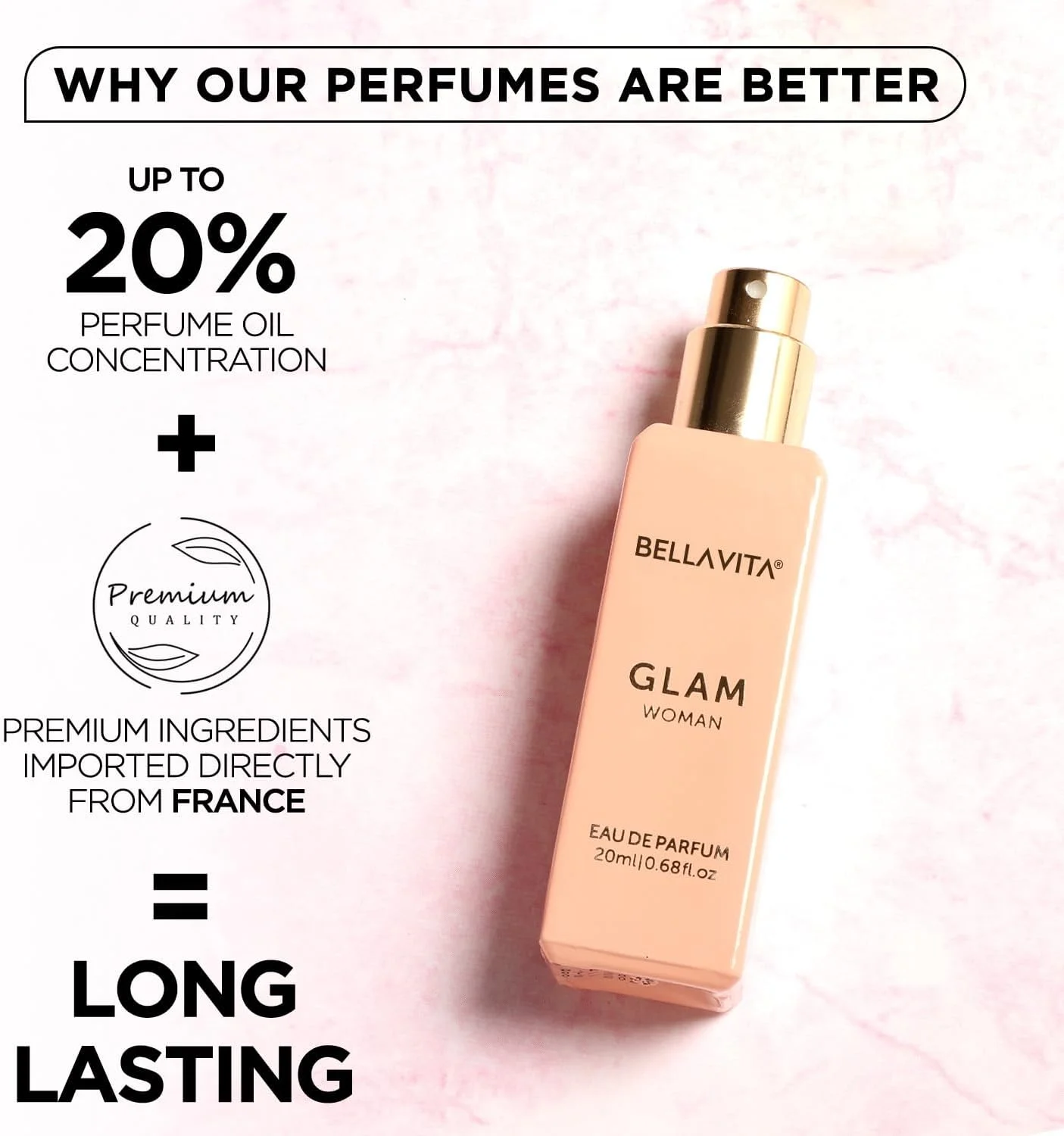 ادکلن زنانه ارگانیک Bella Vita Luxury GLAM با رایحه یاس، عسل سفید، رز، سدر ویرجینیا | گلی - عطر ممتاز و ماندگار EDP برای زنان | 20 میلی لیتر