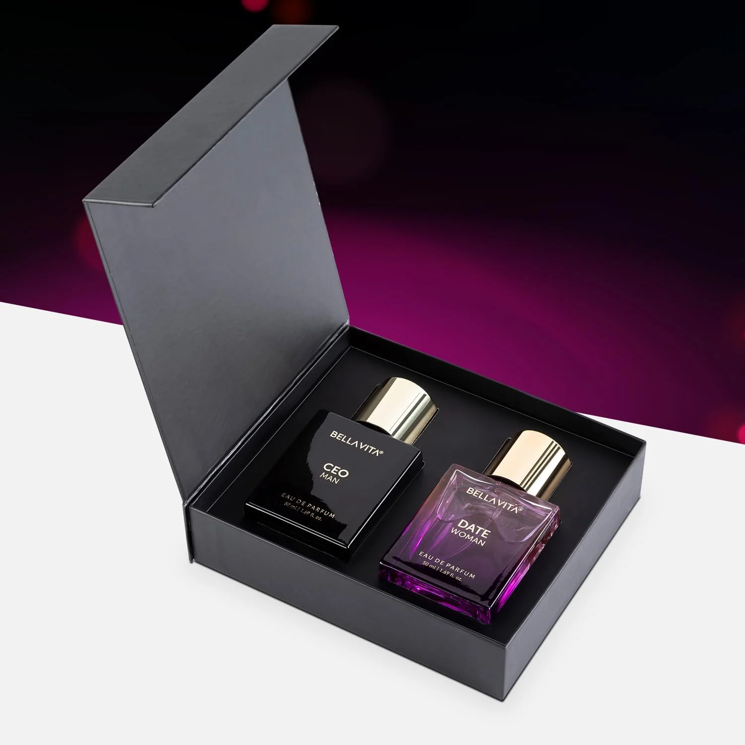 ست هدیه ادو پرفیوم مردانه و زنانه Bella Vita Luxury مدل Ceo Man & Date Woman حجم 50 میلی لیتر (2 عدد) با رایحه لیمو، اسطوخودوس، فلفل صورتی | رایحه گلی، میوه ای، چوبی با ماندگاری طولانی