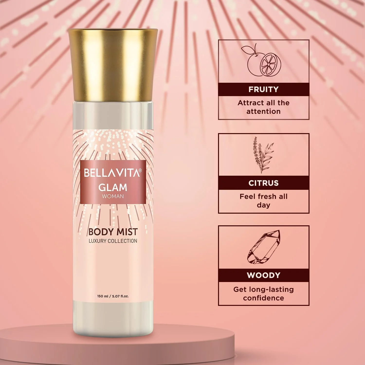 اسپری خوشبو کننده بدن زنانه Bella Vita Luxury Glam با رایحه گلی و یاس، ماندگاری طولانی، 150 میلی لیتر