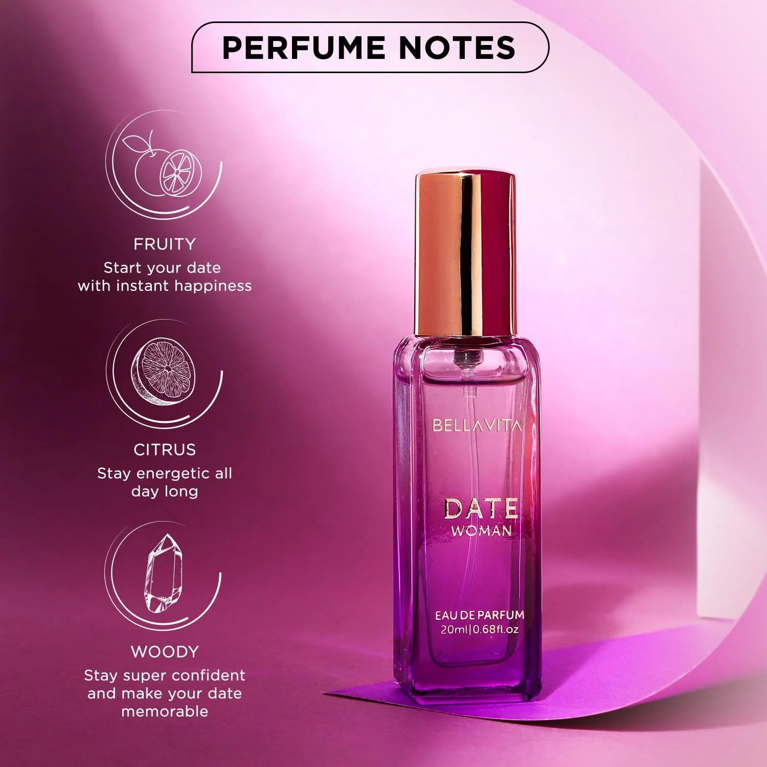 عطر زنانه Bella Vita Luxury Date با رایحه فلفل صورتی، یاس و وانیل | عطر ممتاز، ماندگار با رایحه گلی و میوه ای برای زنان، 20 میلی لیتر