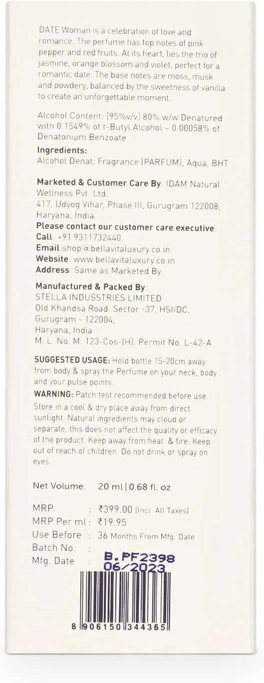 عطر زنانه Bella Vita Luxury Date با رایحه فلفل صورتی، یاس و وانیل | عطر ممتاز، ماندگار با رایحه گلی و میوه ای برای زنان، 20 میلی لیتر
