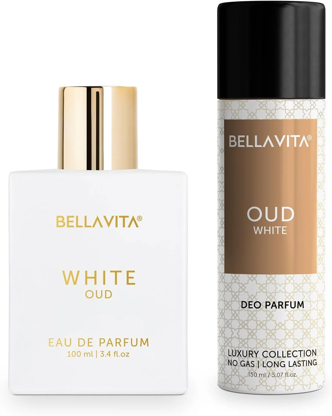 ست عطر عود مردانه و زنانه Bella Vita Luxury، بسته 2 عددی عطر ممتاز ماندگار - ادو پرفیوم White Oud 100 میلی لیتر و دئودورانت بدن Oud White 150 میلی لیتر - اسپری برای زنان