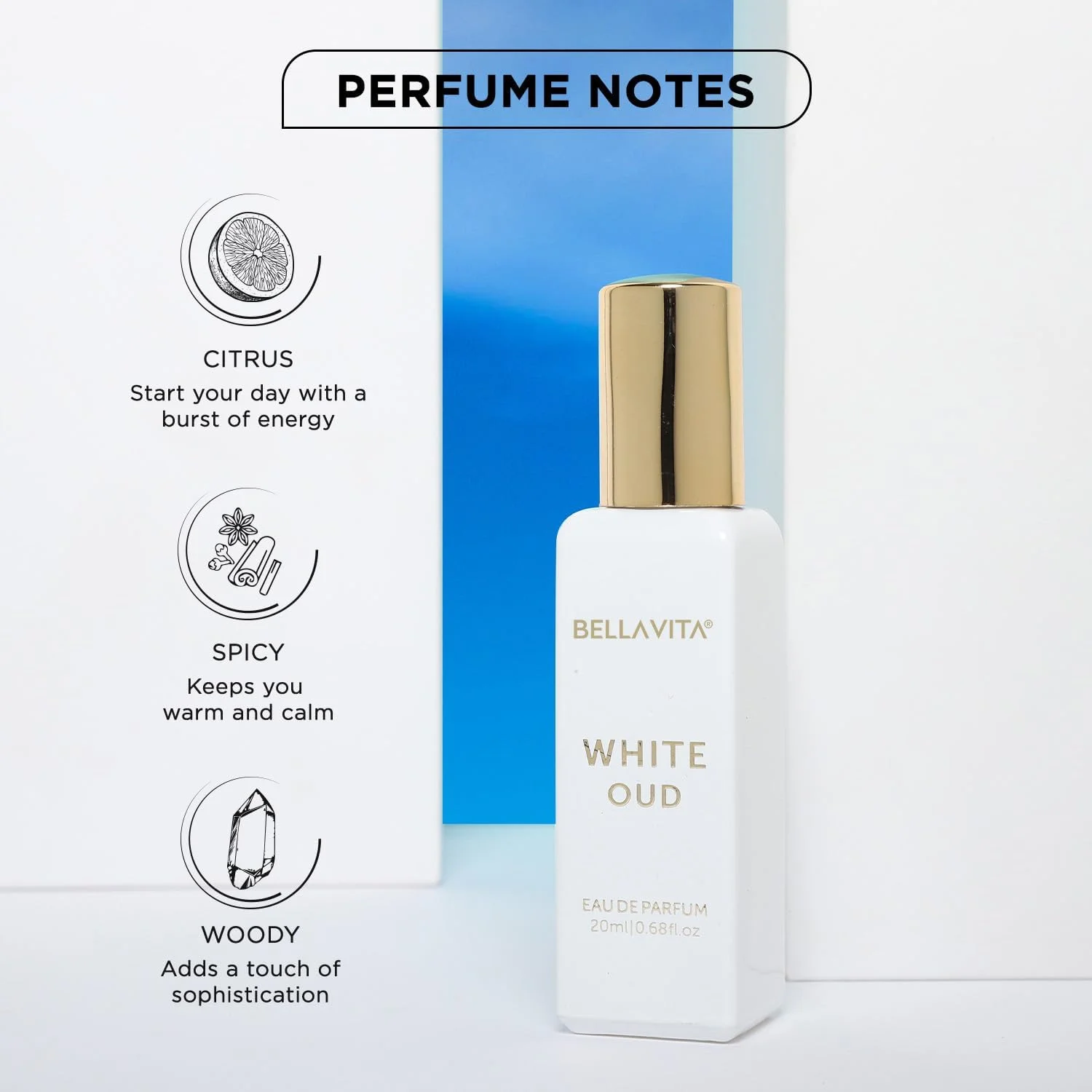 ادو پرفیوم унисекс Bella Vita Luxury Organic White Oud برای مردان و زنان | رایحه премиум عود نرم با پرتقال، فریزیا، عود، تنباکو و مشک | رایحه унисекс ماندگار، 20 میلی لیتر
