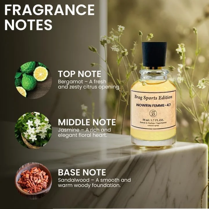 عطر زنانه B Brag Sports Edition Nowrin Femme-47 Extrait De Parfum | عطر گلی، مرکباتی و مشک برای زنان | عطر عربی ماندگار | رایحه ملایم و با طراوت برای زنان 50 میلی لیتر | عطور نسائیه