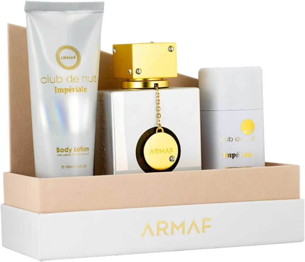 ست هدیه 3 تکه عطر زنانه آرماف کلاب د نایت وایت ایمپریال، رایحه ماندگار، عطر گلی شرقی، ادو پرفیوم 105 میلی لیتر، استیک دئودورانت 75 گرم، لوسیون بدن 100 میلی لیتر