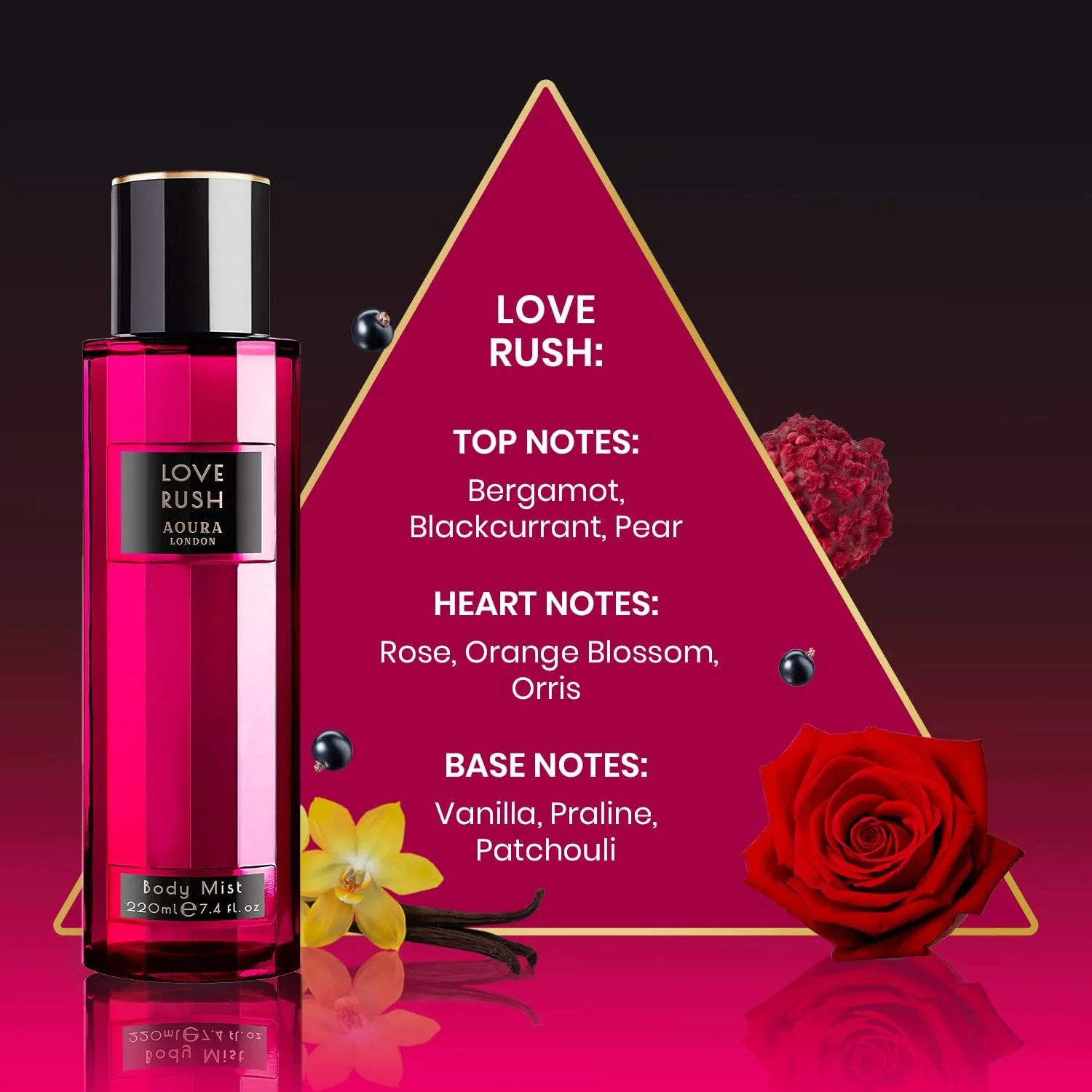 بادی میست زنانه Aoura London Love Rush 220ml | رایحه گلی تازه و ماندگار | اسپری خوشبو کننده روزانه