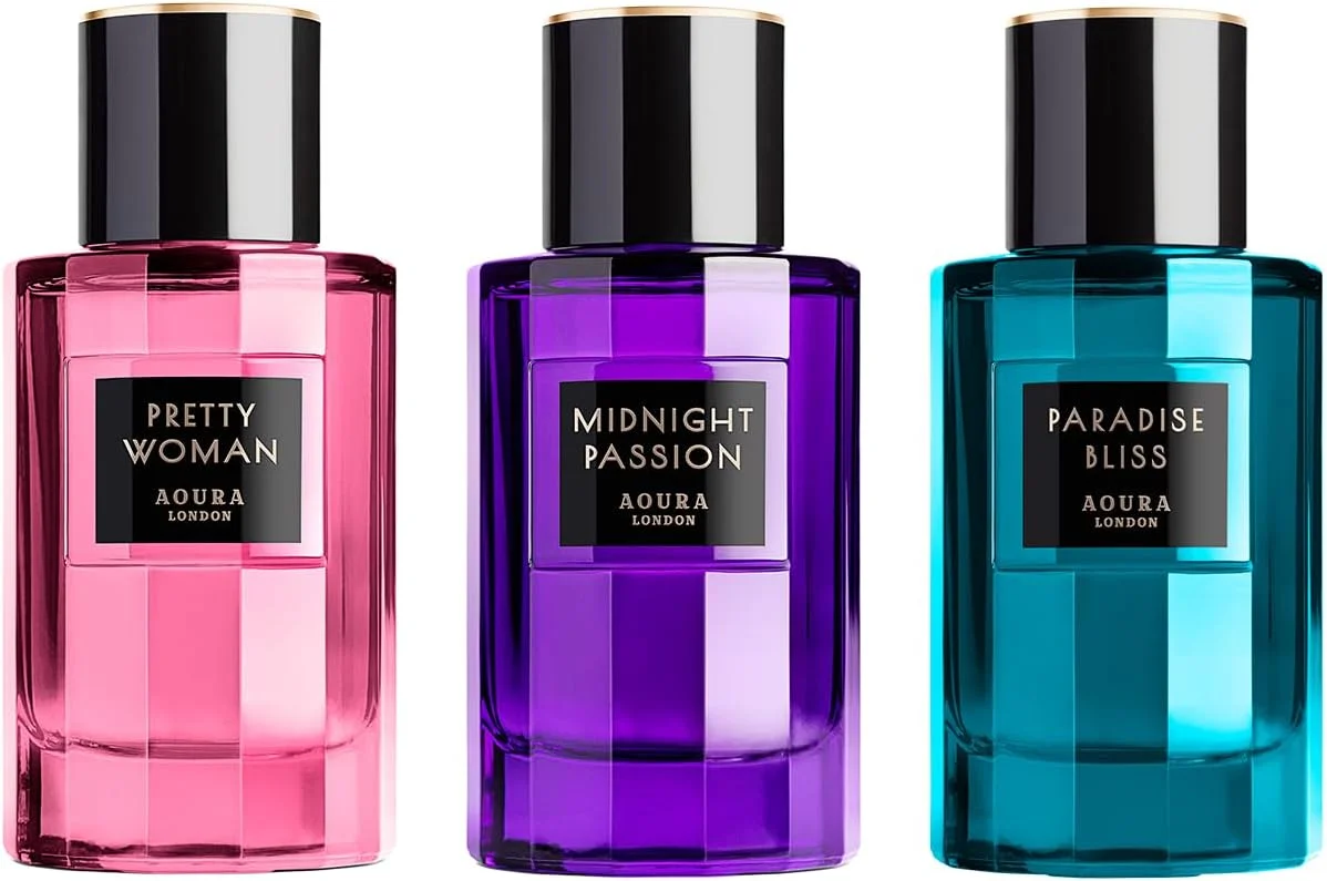 بسته ادو پرفیوم زنانه Aoura با رایحه های ترکیبی و ماندگار، شامل عطرهای Midnight Passion، Pretty Woman و Paradise Bliss (3 عدد x 100 میلی لیتر)