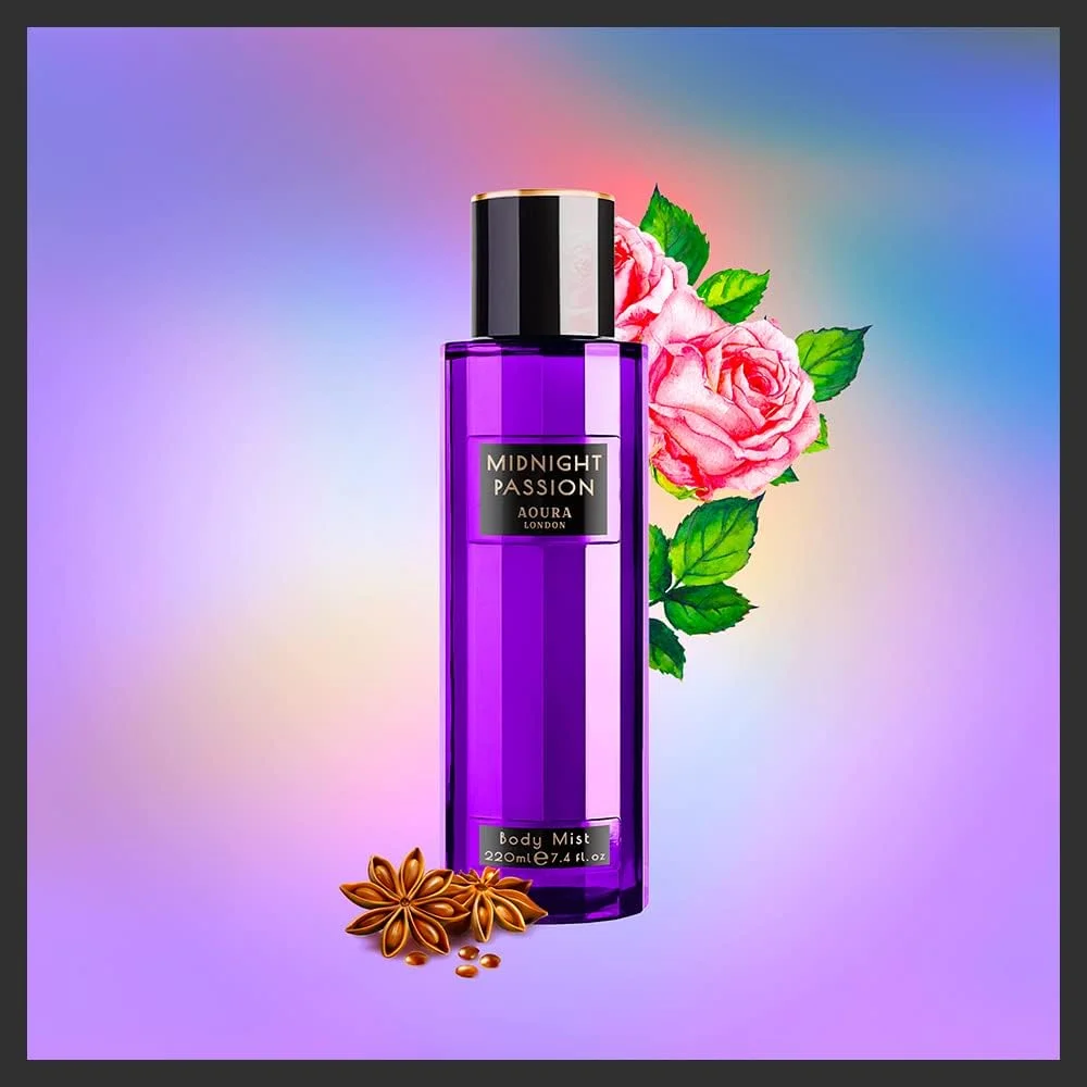 اسپری بدن زنانه آئورا لندن مدل Midnight Passion حجم 220 میلی لیتر | رایحه گلی با طراوت و ماندگاری طولانی | اسپری خوشبو کننده مناسب استفاده روزانه 200 میلی لیتر