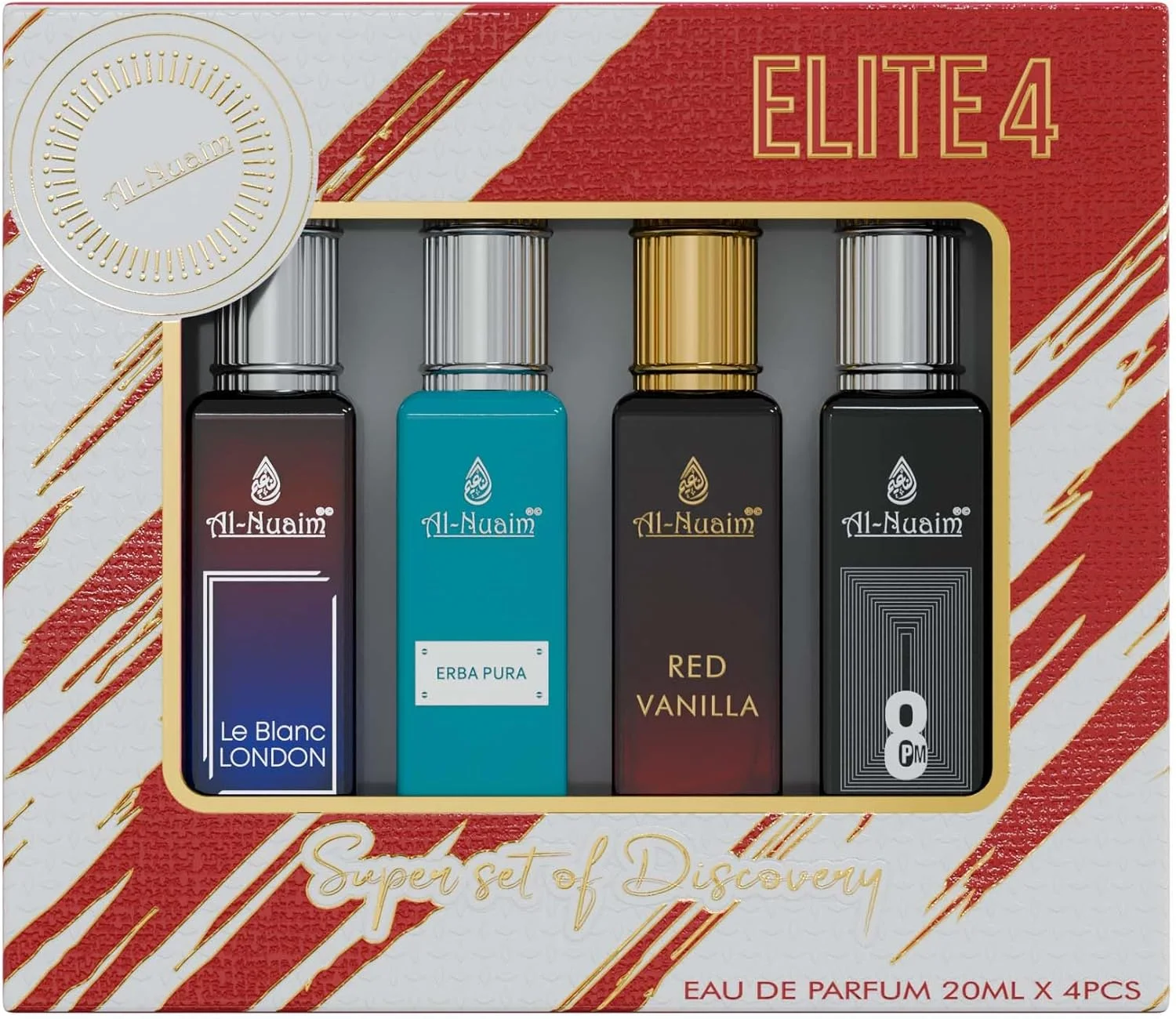 ست هدیه ادو پرفیوم مردانه و زنانه النعیم Elite4 (4 X 20ml) | Le Blanc London | Erba Pura | Red Vanilla | 8PM | رایحه ماندگار