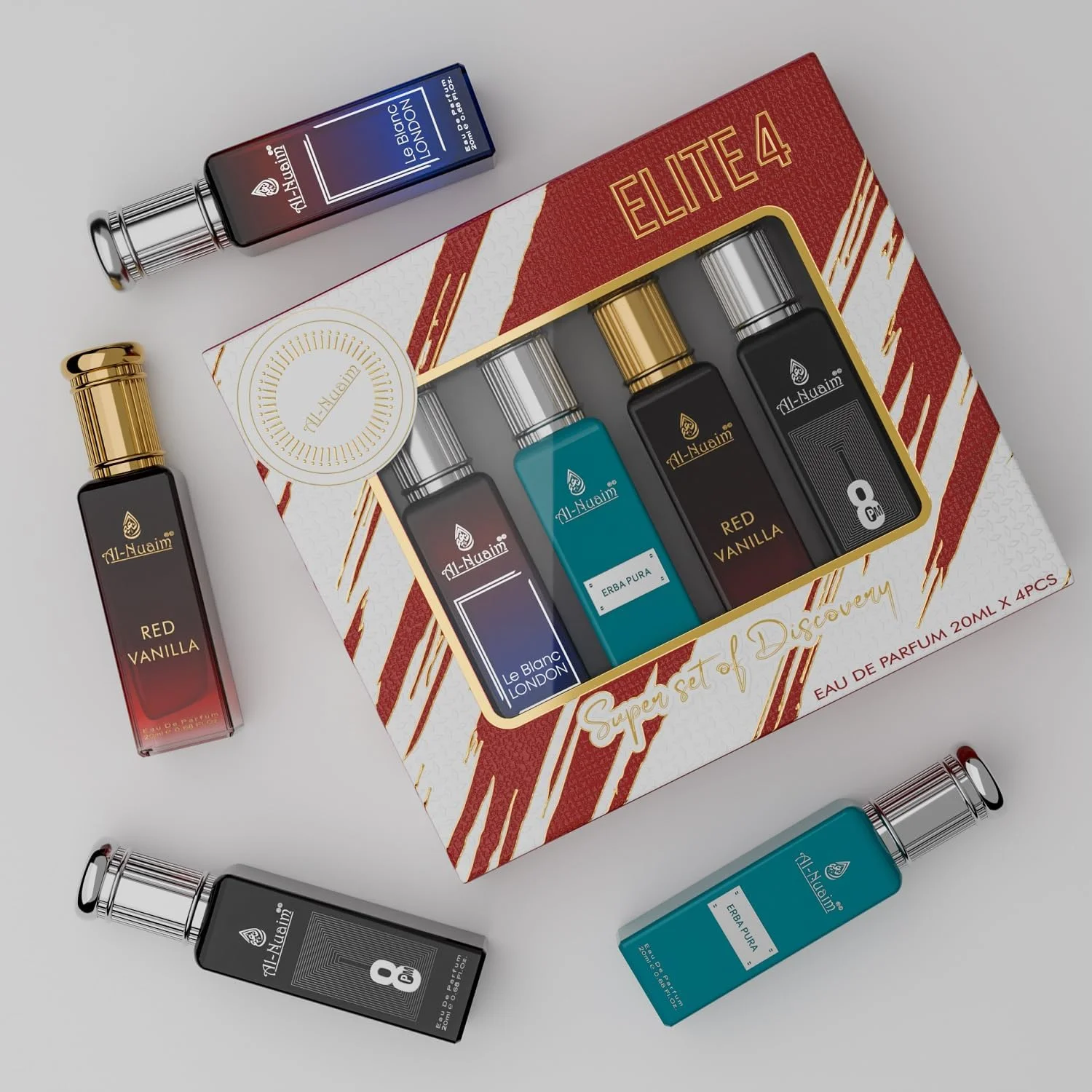 ست هدیه ادو پرفیوم مردانه و زنانه النعیم Elite4 (4 X 20ml) | Le Blanc London | Erba Pura | Red Vanilla | 8PM | رایحه ماندگار ست هدیه ادو پرفیوم مردانه و زنانه النعیم Elite4 (4 X 20ml) | Le Blanc London | Erba Pura | Red Vanilla | 8PM | رایحه ماندگار