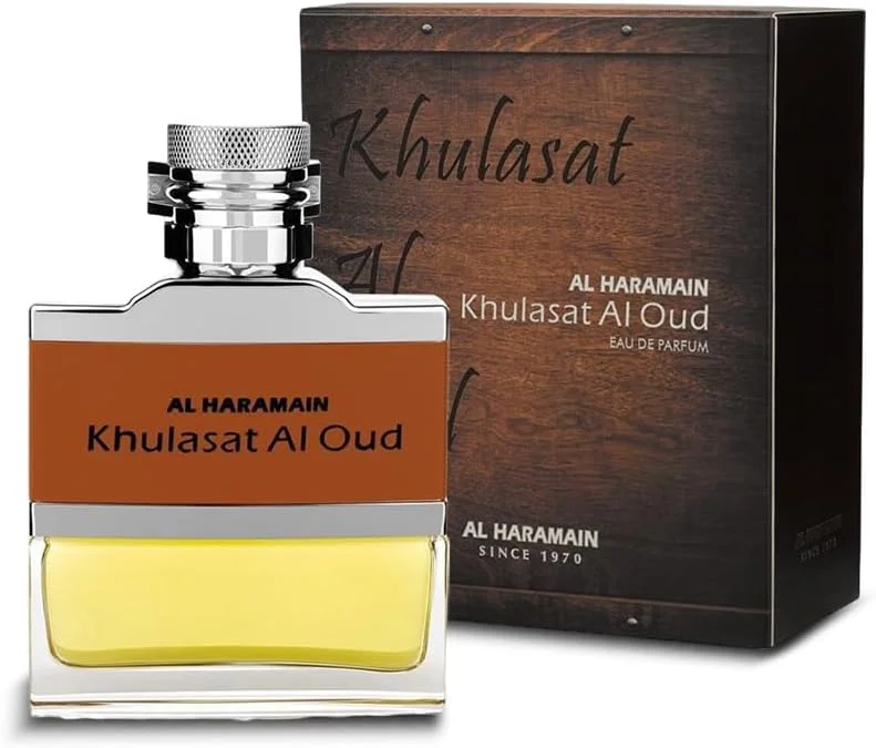 اسپری عطر خلاصات العود الحرمین 100 میلی لیتر | ادو پرفیوم ماندگار برای مردان | رایحه چرم دودی، عنبر، مشک و عود چوبی | عطر عربی لوکس