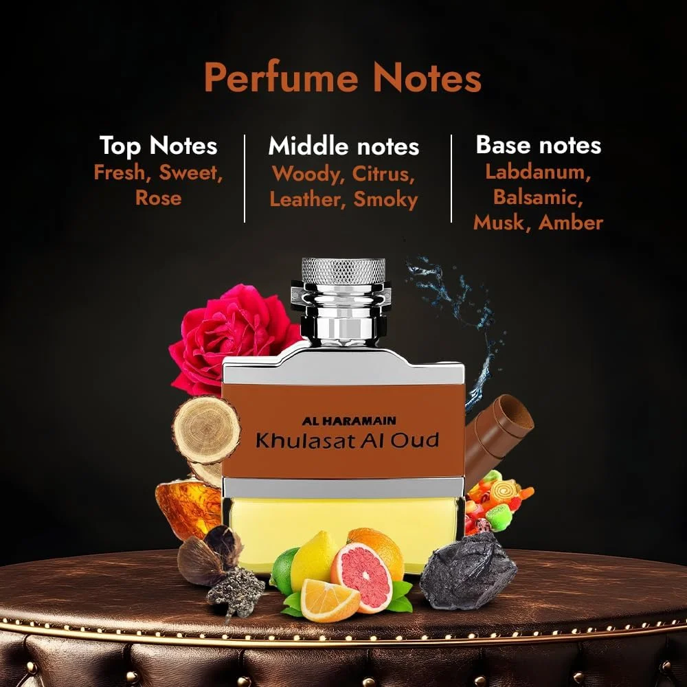 اسپری عطر خلاصات العود الحرمین 100 میلی لیتر | ادو پرفیوم ماندگار برای مردان | رایحه چرم دودی، عنبر، مشک و عود چوبی | عطر عربی لوکس اسپری عطر خلاصات العود الحرمین 100 میلی لیتر | ادو پرفیوم ماندگار برای مردان | رایحه چرم دودی، عنبر، مشک و عود چوبی | عطر عربی لوکس