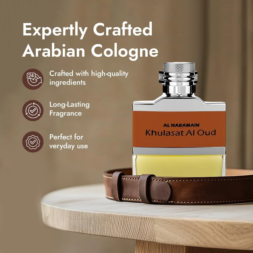 اسپری عطر خلاصات العود الحرمین 100 میلی لیتر | ادو پرفیوم ماندگار برای مردان | رایحه چرم دودی، عنبر، مشک و عود چوبی | عطر عربی لوکس اسپری عطر خلاصات العود الحرمین 100 میلی لیتر | ادو پرفیوم ماندگار برای مردان | رایحه چرم دودی، عنبر، مشک و عود چوبی | عطر عربی لوکس
