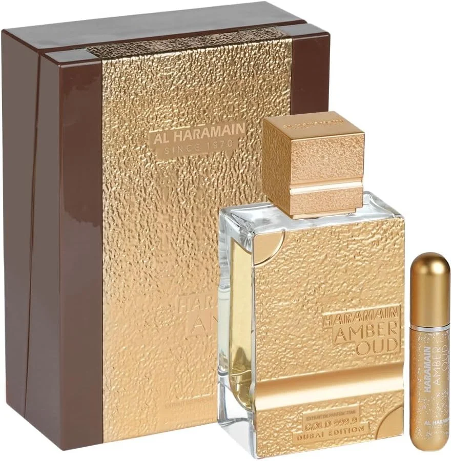 ال حرمین Amber Oud Gold 999.9 Dubai Edition Extrait de Parfum | اسپری لوکس 100 میلی لیتری با اتومایزر | عطر شرقی یونیسکس ماندگار با رایحه های کهربا، وانیل، نعناع هندی، گلابی و یاس