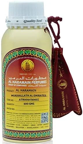 عطر روغنی غیر الکلی الحرمین مخلط امارات 500 سی سی (16.9 اونس) | عطر شرقی ماندگار با عود، عنبر، گل رز و زعفران | رایحه ای پیچیده برای مردان و زنان