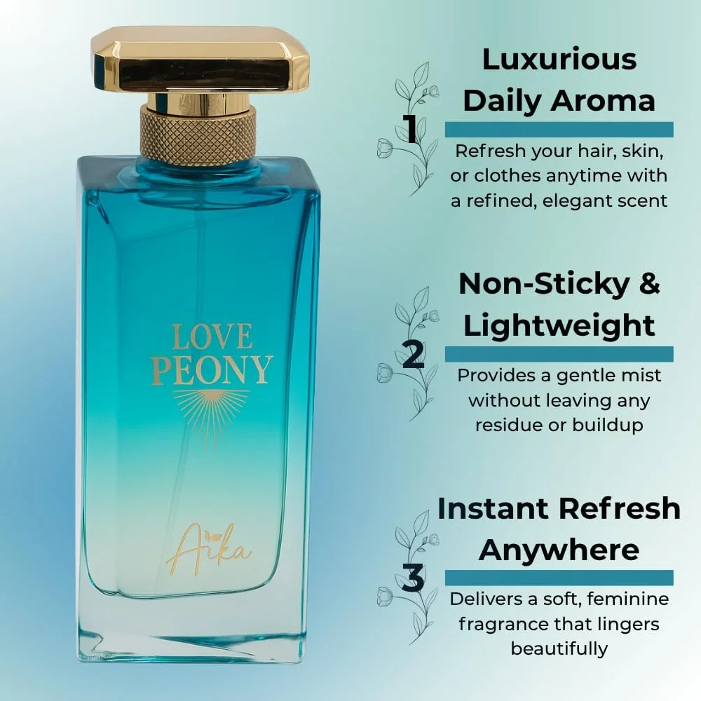 عطر زنانه آیکا Love Peony با حجم 80 میلی لیتر، عطر ماندگار برای بدن و موی خانم ها، عطر بدون الکل با رایحه گل صد تومانی، تمشک و مشک، ترکیبی گلی-میوه ای