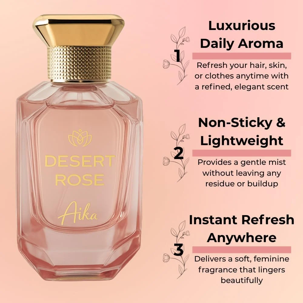 عطر زنانه آیکا Desert Rose با حجم 80 میلی لیتر، عطر ماندگار برای بدن و مو، عطر بدون الکل با رایحه رز صحرایی، گل صد تومانی و ترکیبی از گل و میوه لیچی