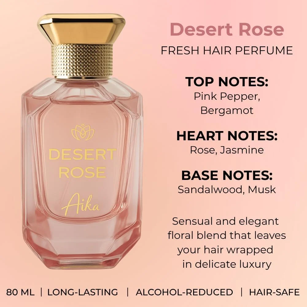 عطر زنانه آیکا Desert Rose با حجم 80 میلی لیتر، عطر ماندگار برای بدن و مو، عطر بدون الکل با رایحه رز صحرایی، گل صد تومانی و ترکیبی از گل و میوه لیچی