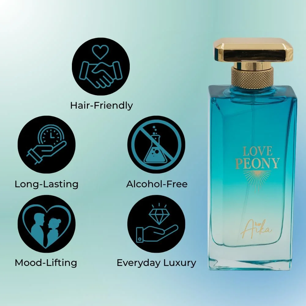 عطر زنانه آیکا Love Peony با حجم 80 میلی لیتر، عطر ماندگار برای بدن و موی خانم ها، عطر بدون الکل با رایحه گل صد تومانی، تمشک و مشک، ترکیبی گلی-میوه ای