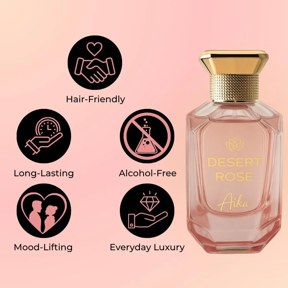 عطر زنانه آیکا Desert Rose با حجم 80 میلی لیتر، عطر ماندگار برای بدن و مو، عطر بدون الکل با رایحه رز صحرایی، گل صد تومانی و ترکیبی از گل و میوه لیچی