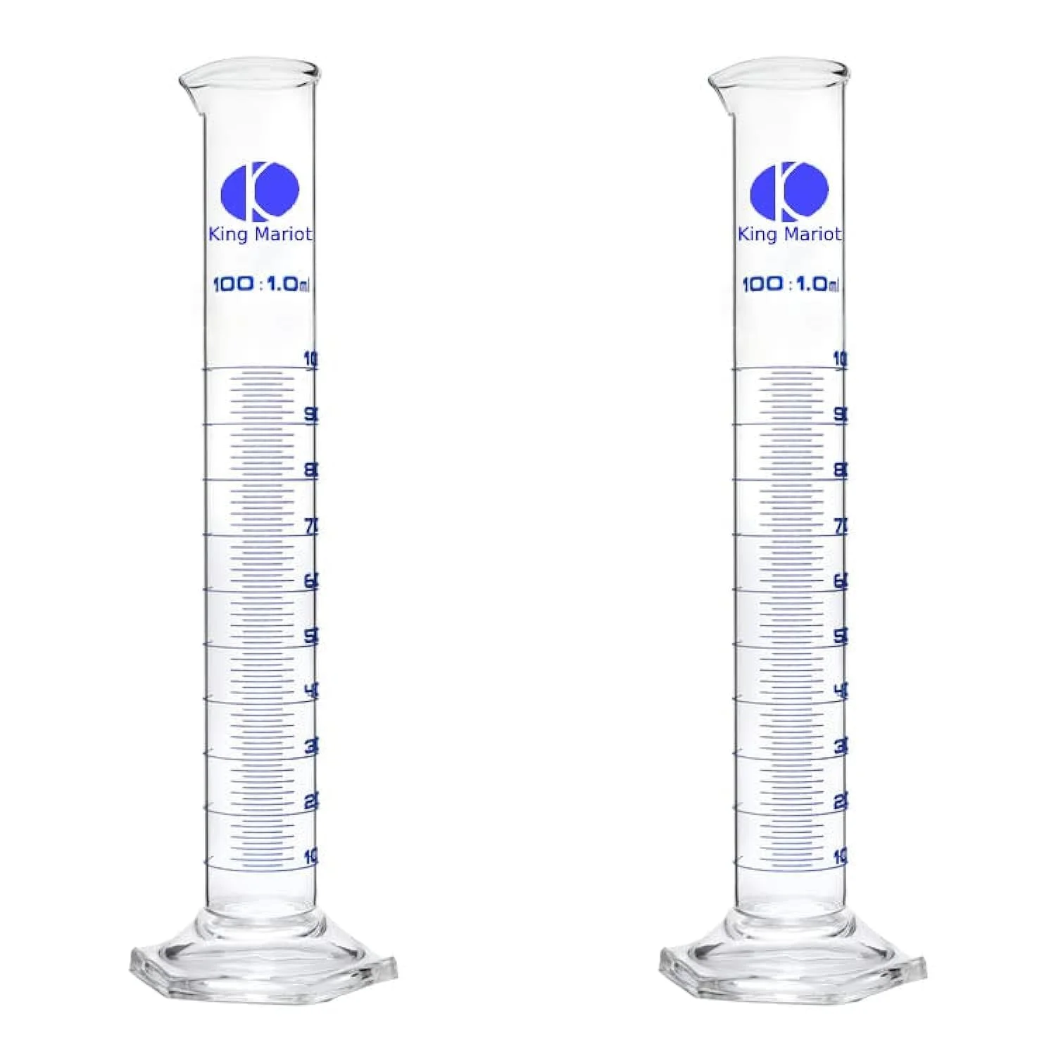 ست 2 عددی استوانه مدرج شیشه ای سنگین King Mariot Medical Equipments، ظرفیت 100 میلی لیتر، شیشه بوروسیلیکات 3.3 درجه بالا برای لوازم آزمایشگاهی زیست شناسی شیمی