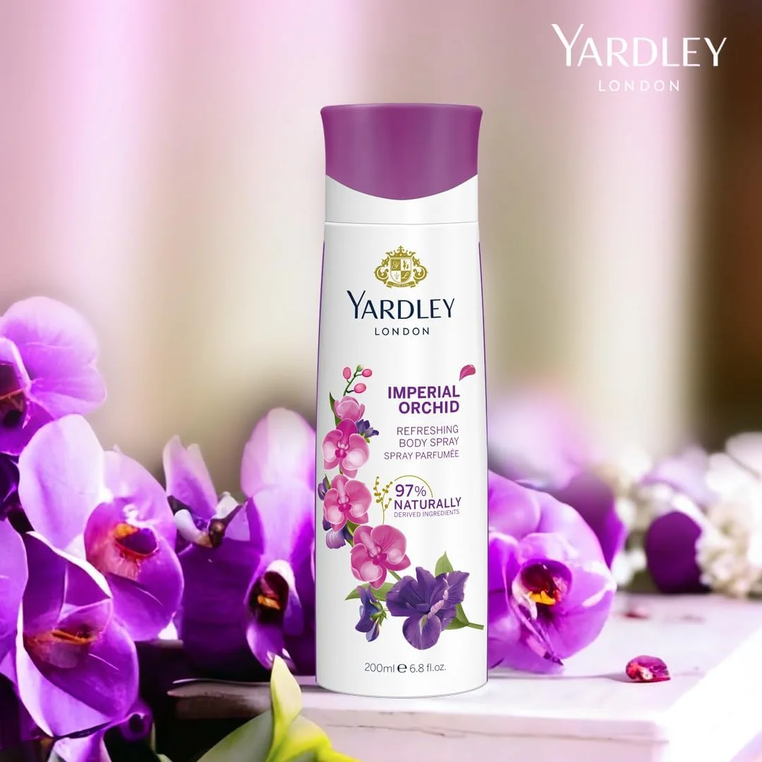 اسپری بدن زنانه یاردلی لندن مدل Imperial Orchid - 200 میلی لیتر، رایحه میوه ای و آبدار گلابی، ماندگاری طولانی و رایحه گلی تازه و ممتاز