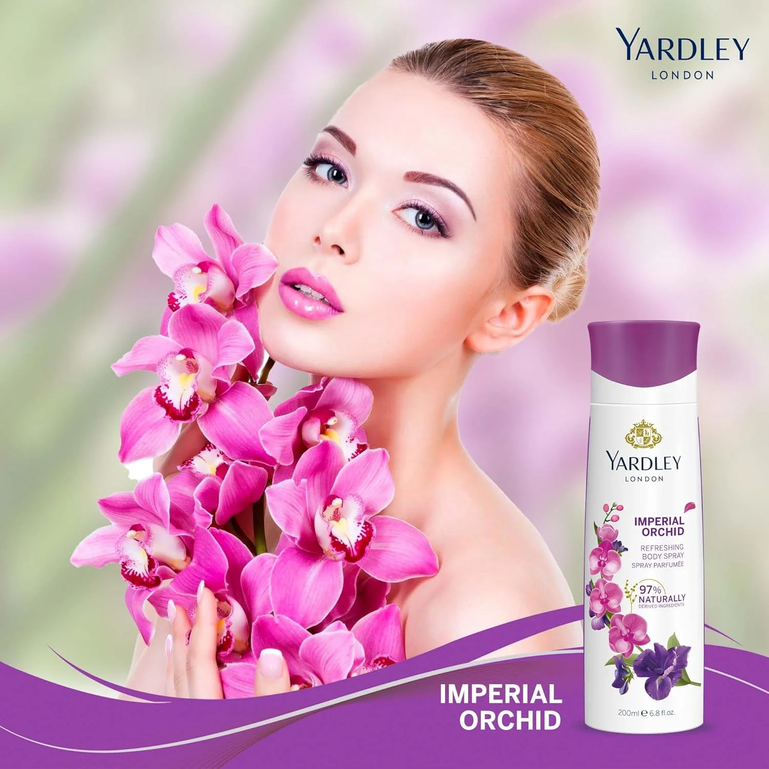 اسپری بدن زنانه یاردلی لندن مدل Imperial Orchid - 200 میلی لیتر، رایحه میوه ای و آبدار گلابی، ماندگاری طولانی و رایحه گلی تازه و ممتاز