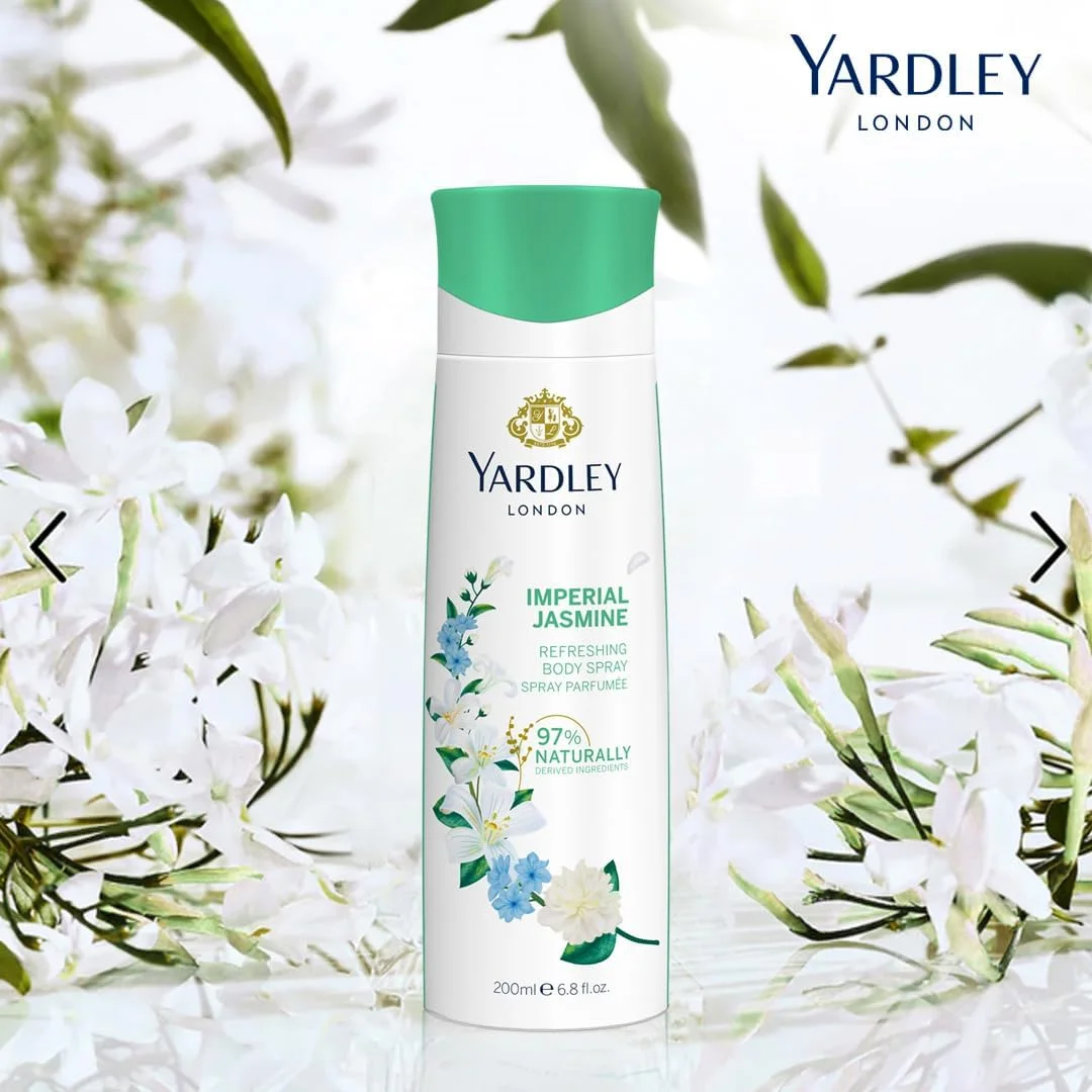 اسپری بدن زنانه یاردلی لندن مدل Imperial Jasmine - 200 میلی لیتر، رایحه گلی با عطر یاس و شکوفه پرتقال، رایحه ای پرانرژی و ماندگار