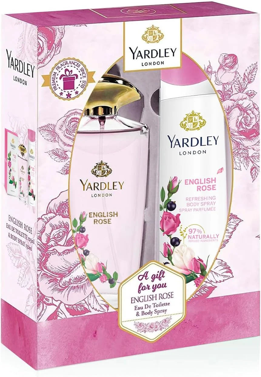 ست هدیه عطر زنانه رز انگلیسی Yardley London - ادو تویلت 125 میلی لیتر + اسپری بدن 150 میلی لیتر رایحه گلی مسحور کننده با رز، آکورد چای و ترنج