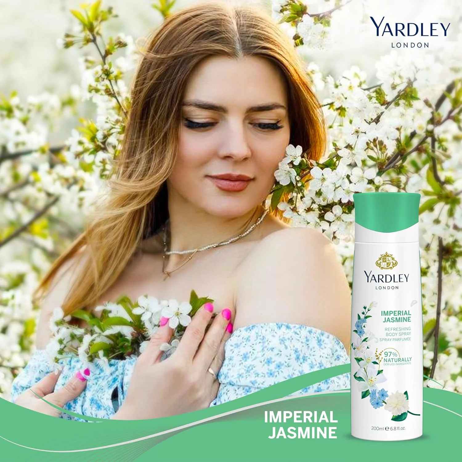 اسپری بدن زنانه یاردلی لندن مدل Imperial Jasmine - 200 میلی لیتر، رایحه گلی با عطر یاس و شکوفه پرتقال، رایحه ای پرانرژی و ماندگار