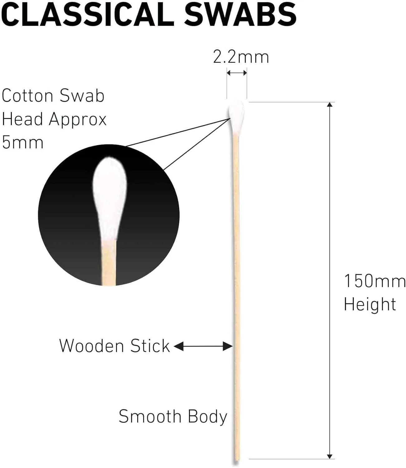 گوش پاک کن کلاسیک کینگ ماریوت 150 میلی متر | 500 عدد | قطر 2.2 میلی متر | میله چوبی | سواب استریل درجه پزشکی برای آزمایشگاه، نمونه برداری بالینی و استفاده صنعتی