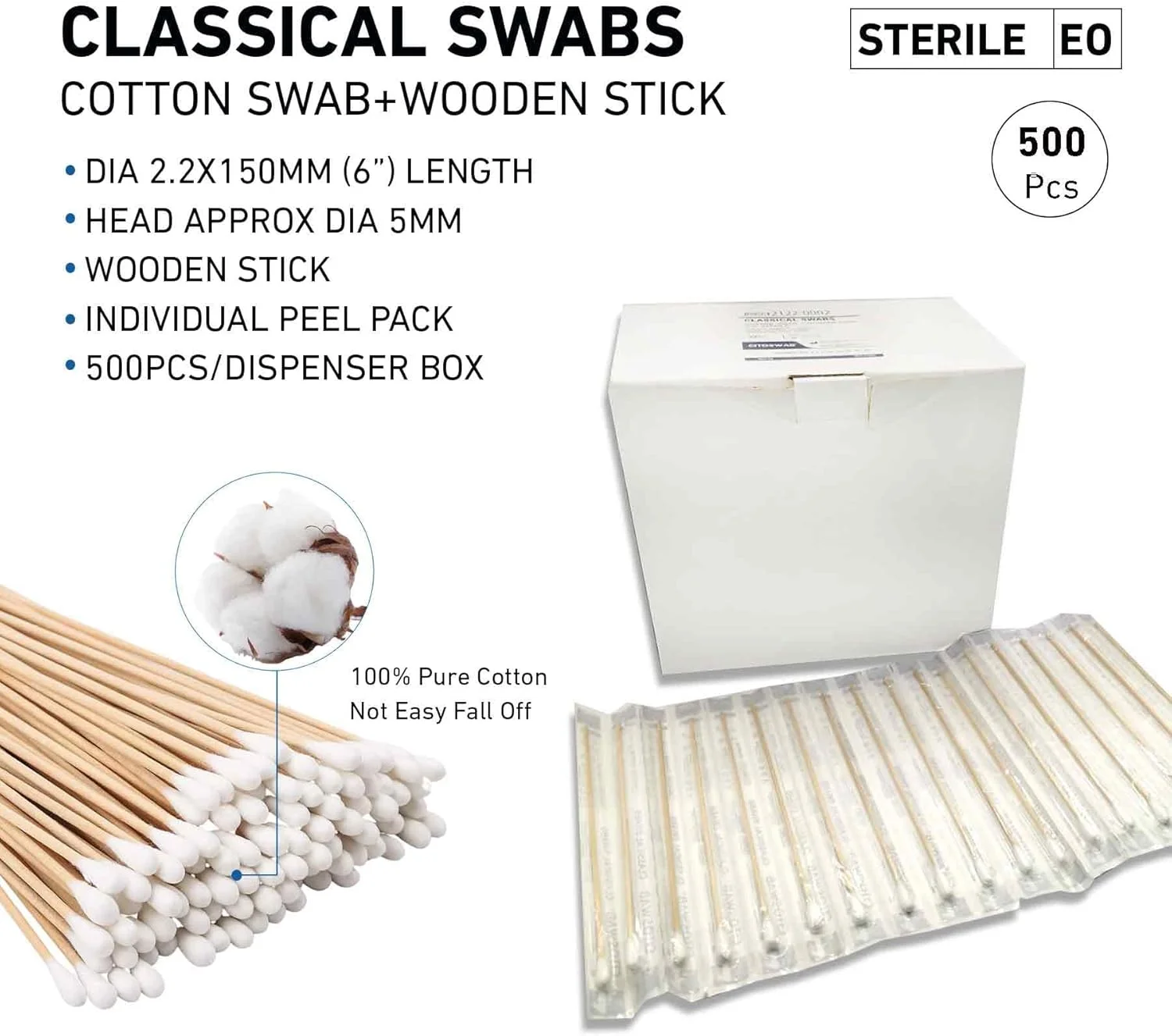 گوش پاک کن کلاسیک کینگ ماریوت 150 میلی متر | 500 عدد | قطر 2.2 میلی متر | میله چوبی | سواب استریل درجه پزشکی برای آزمایشگاه، نمونه برداری بالینی و استفاده صنعتی